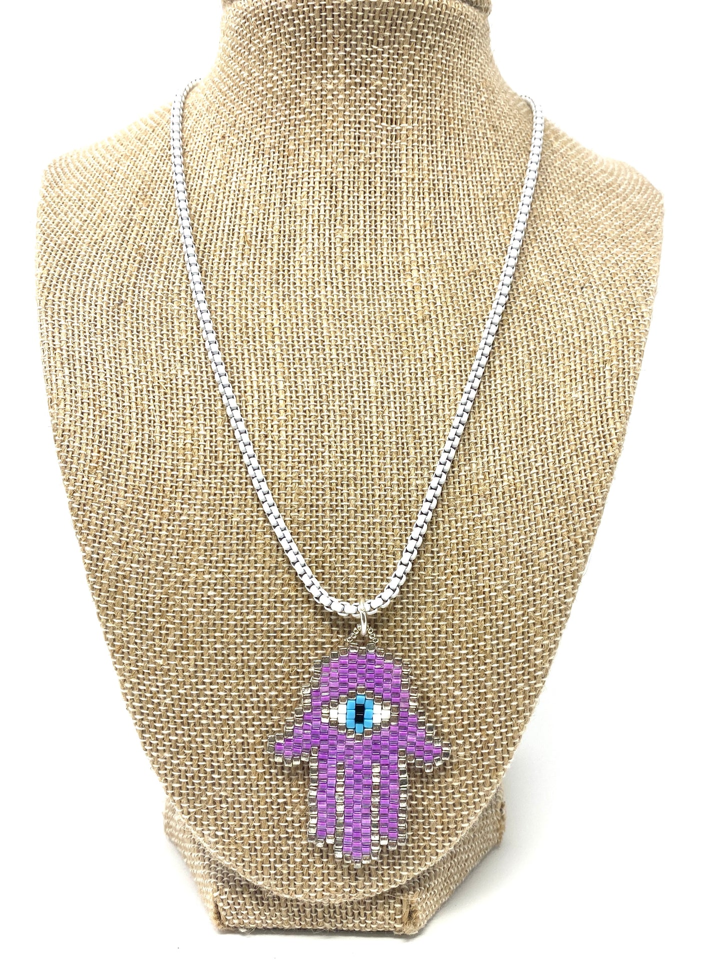 White Box Chain Necklace With Lavender Beaded Hamsa Pendant