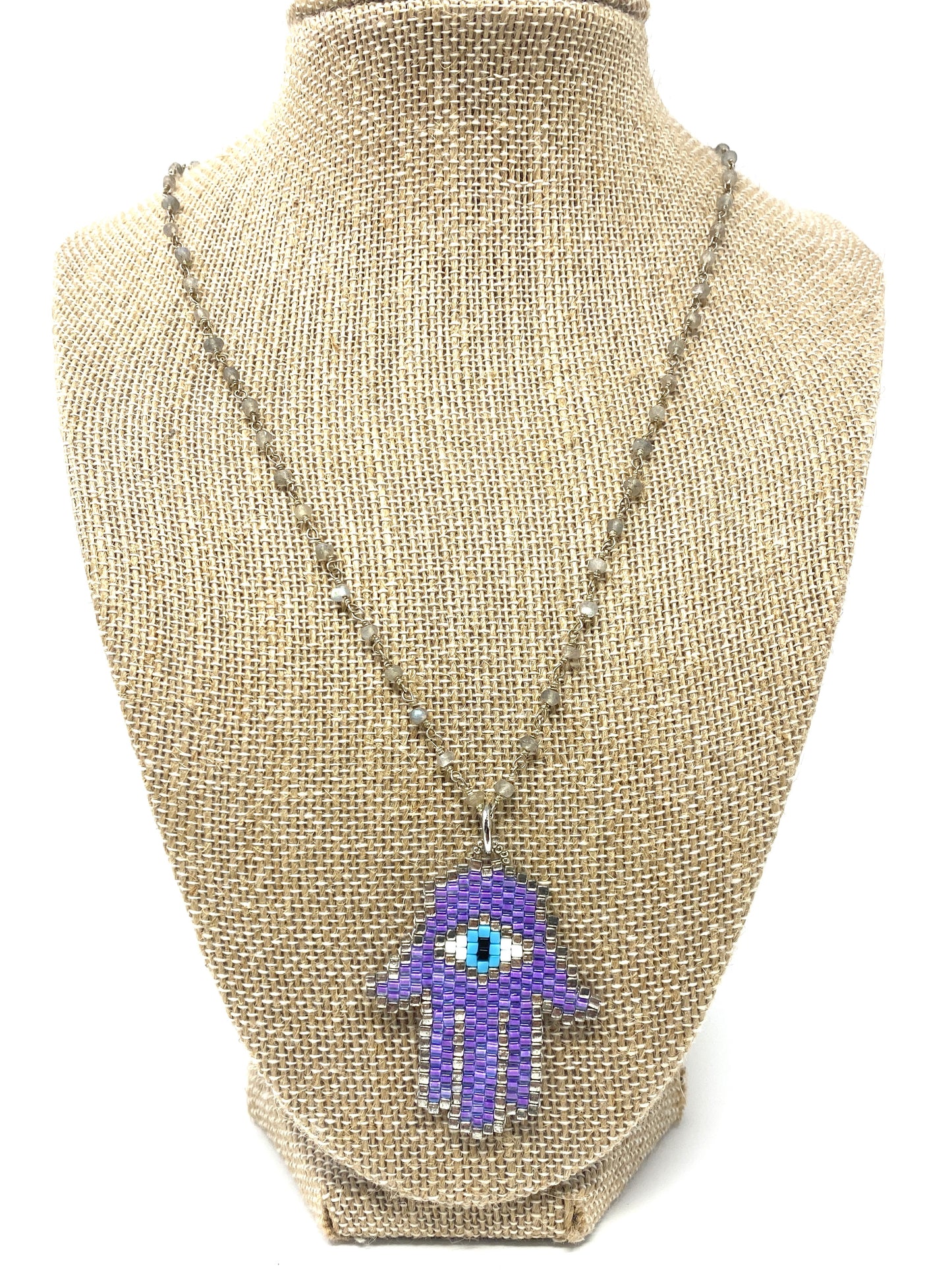 Gray Quartz Rosary Style Necklace With Purple Hamsa Pendant