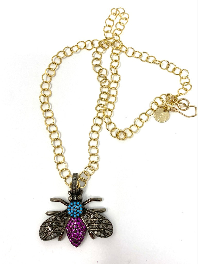 Diamond, Ruby and Turquoise Bee Necklace