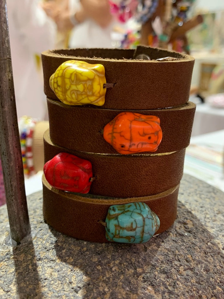 Brown Leather Cuff Bracelet with Howlite Buddha Charm