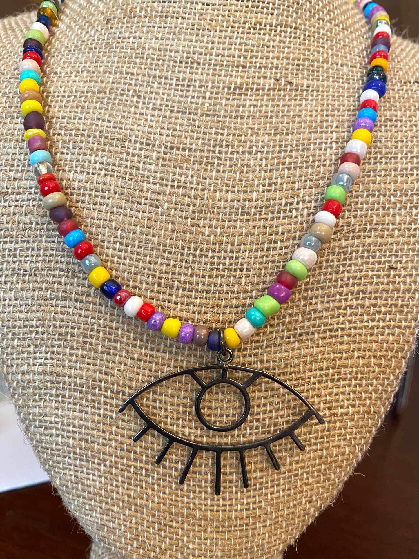 Multi Colored Seed Bead Necklace with Evil Eye Pendant
