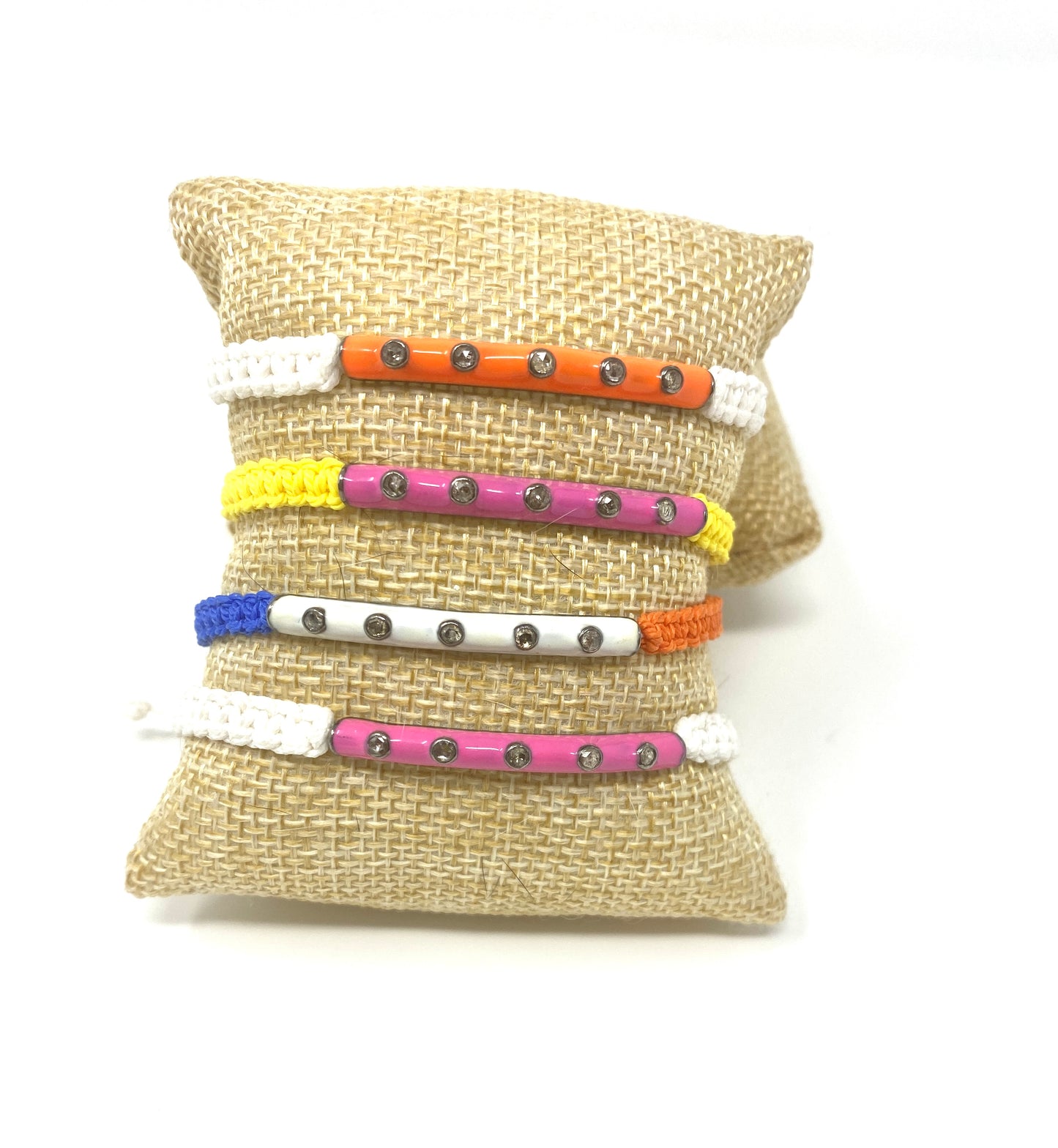 Adjustable Macrame Bracelets With Enamel and Diamond Tubes