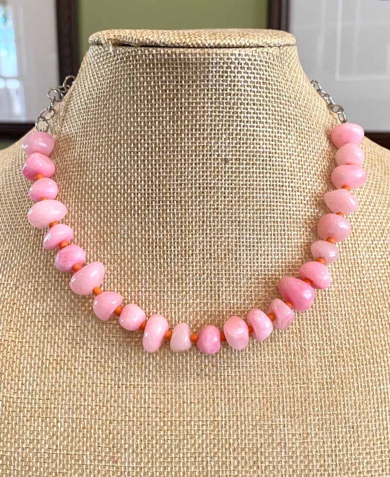 Sterling Silver Chainlink Necklace with Pink Glass Beads and Orange Seed Beads