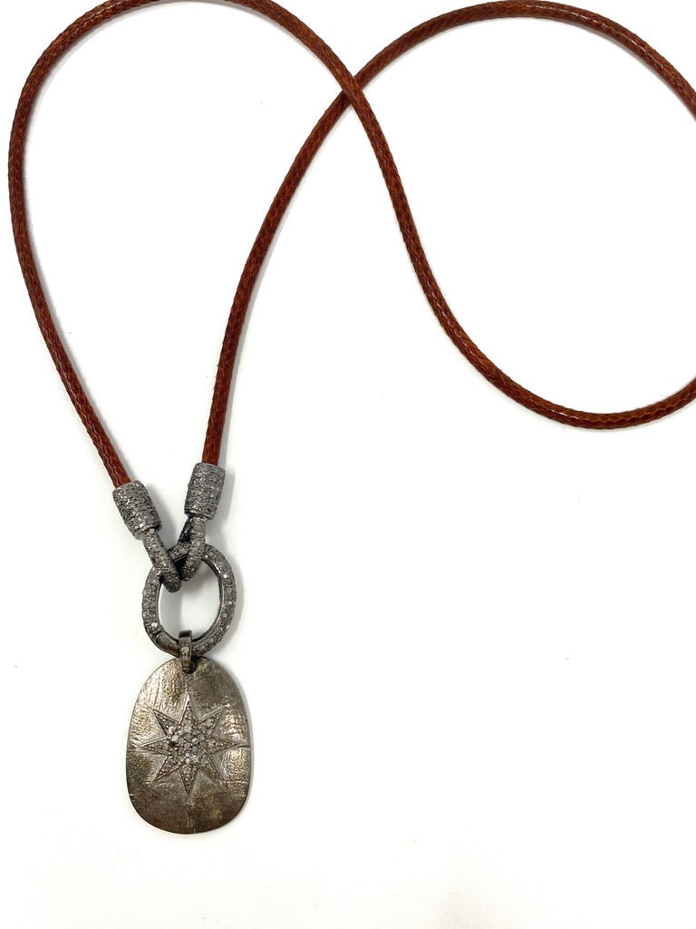 English Tan Leather Cord Necklace With Diamond Connector and Diamond Star Pendant