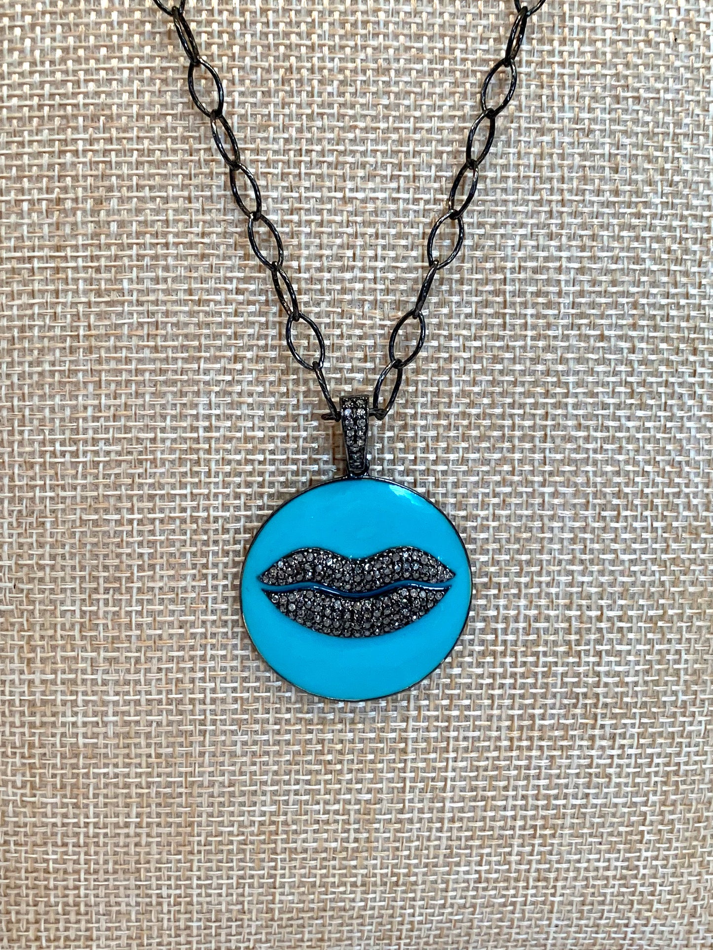 Necklace with Blue Enamel and Diamond Lips Pendant