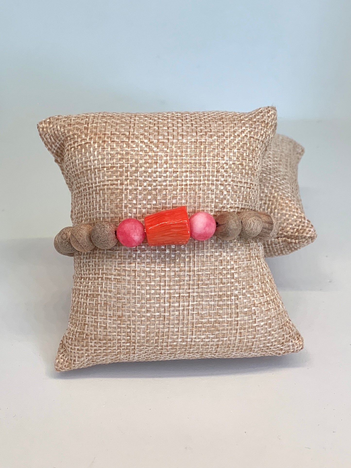 Wooden Beaded Bracelet with Pink Beads and and Orange Coral