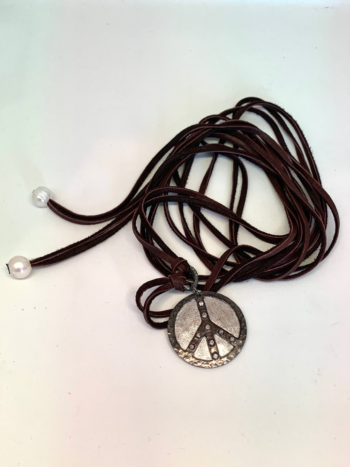 Deerskin Leather with Pave Diamond Oxidized Peace Sign