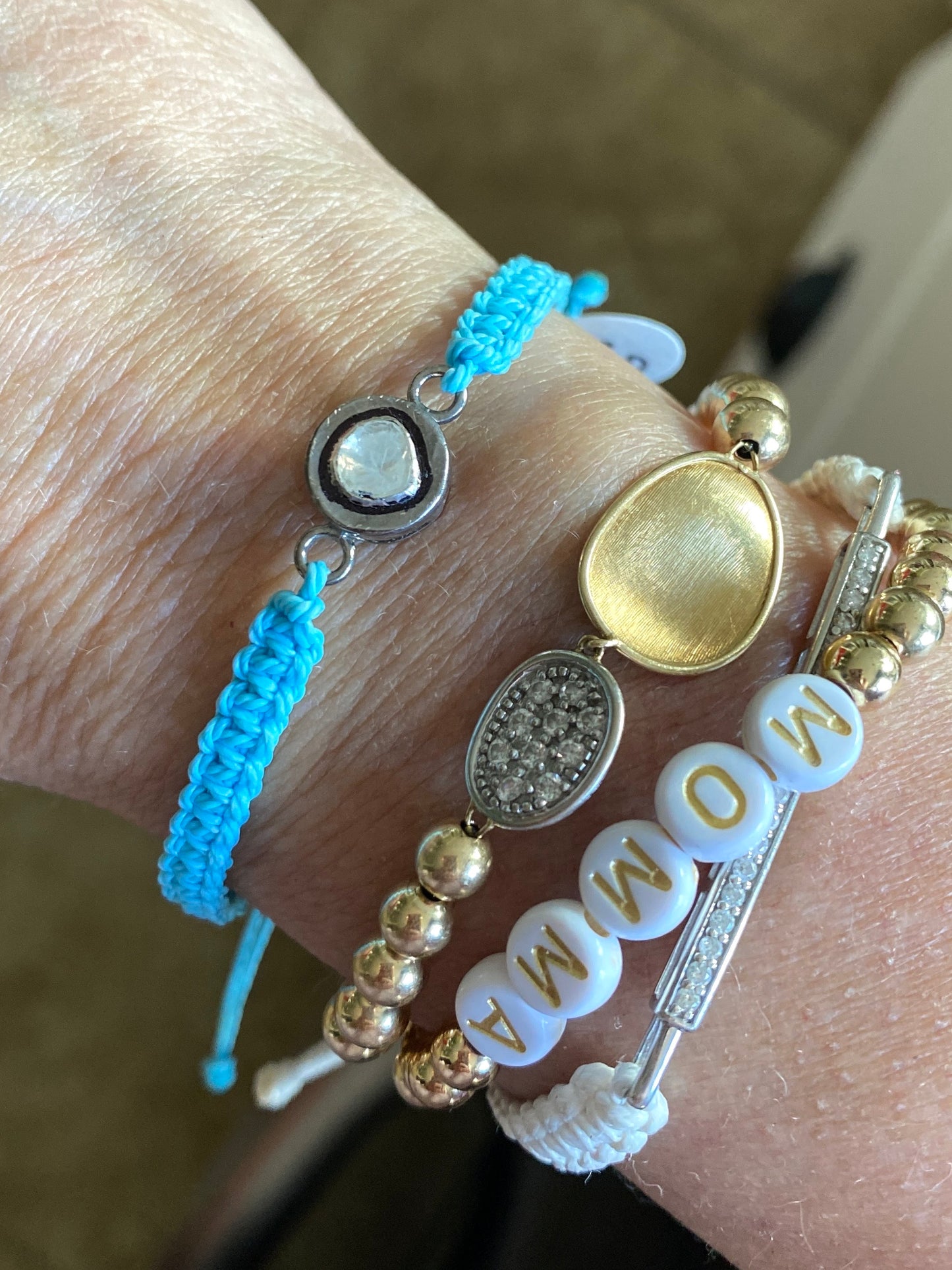 Blue Turquoise Adjustable Macrame Bracelet With Polki Diamond Connector