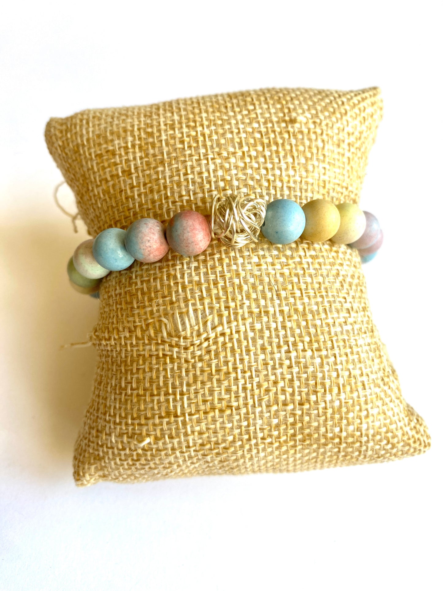 8mm Matte Jasper Elastic Beaded Bracelet With Sterling Silver "Tumbleweed"