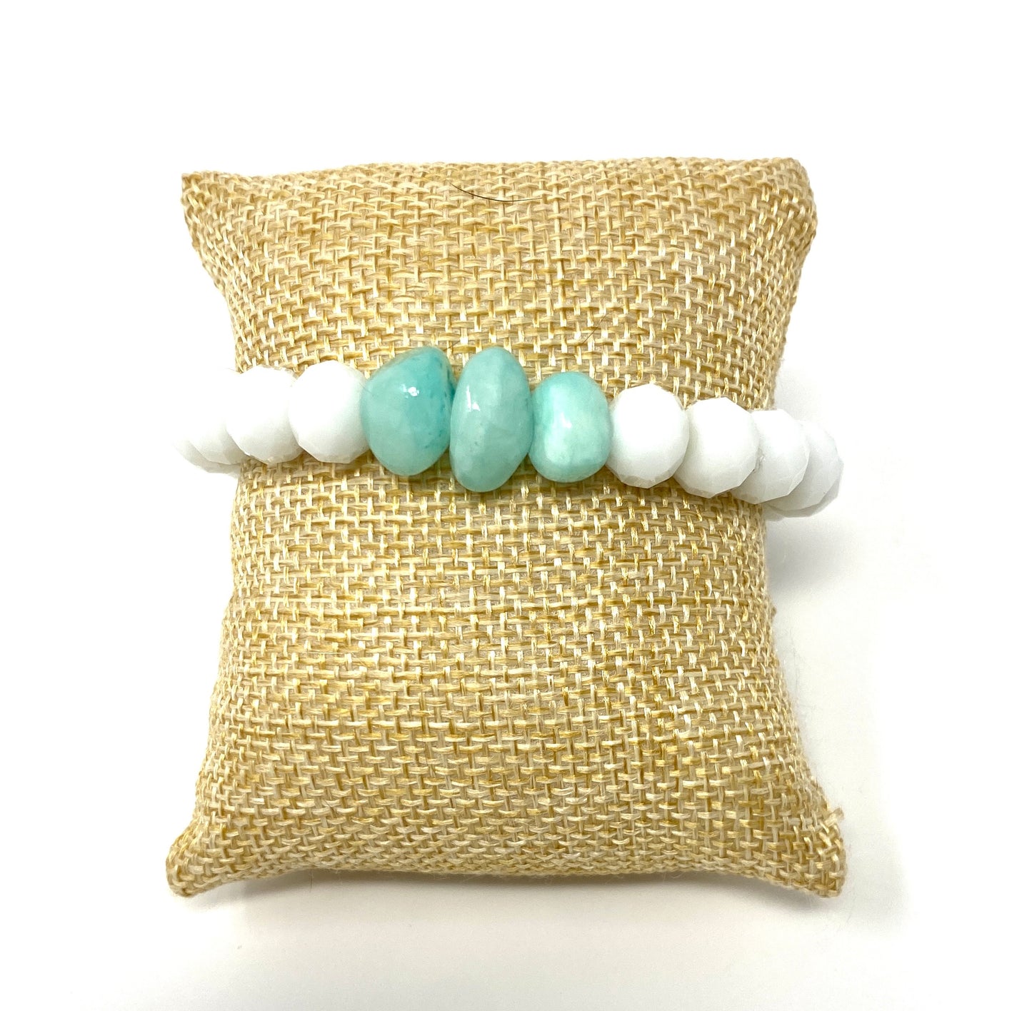 White Elastic Glass Beaded Bracelet with Aqua Colored Stones