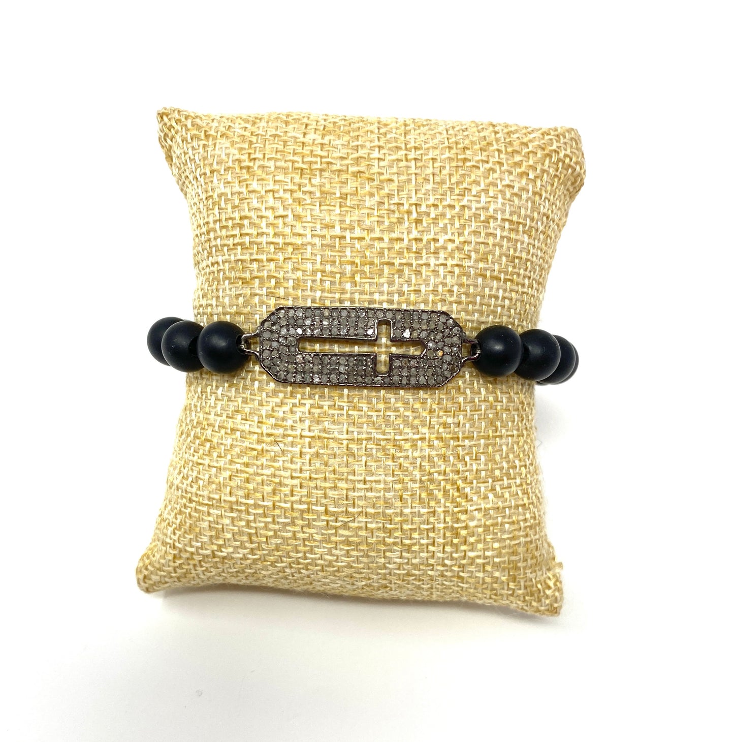 Black Elastic Beaded Bracelet with Pave Diamond Cross Connector