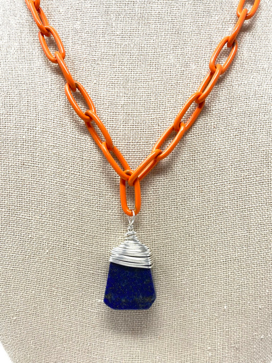 Orange Enamel Paper Clip Chain With Wire Wrapped Lapis Stone Pendant