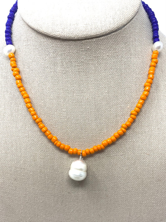 Orange and Blue Seed Bead Necklace With Three Freshwater Pearls