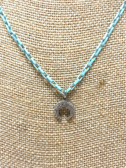 Robin's Egg Shell Blue Enamel Necklace With Diamond Crescent Pendant