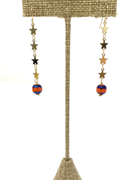 Orange and Blue Drop Earrings With Four Gold Filled Stars