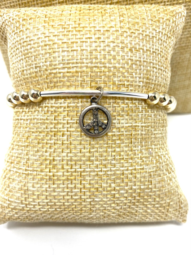 5mm Gold Filled Elastic Bracelet With Silver Bar and Diamond Peace Sign Charm