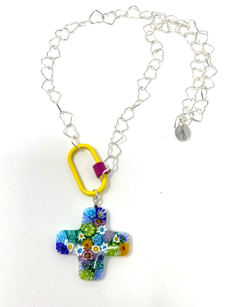 Colorful Murano Glass Cross Pendant on Sterling Silver Heart Chain Necklace and Yellow Carabiner
