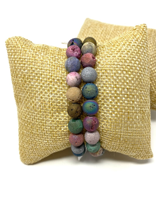 Neutral Earth Tones Quartz Elastic Beaded Bracelet