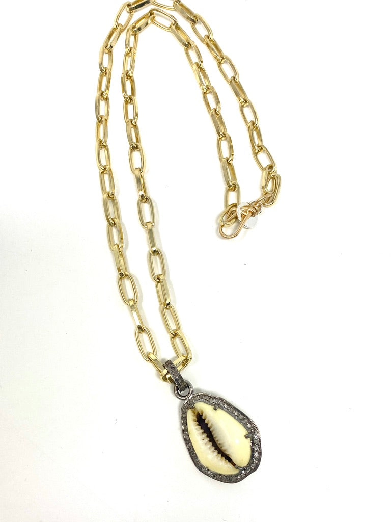 Cowrie and Diamond Pendant on Gold Filled Link Chain Necklace