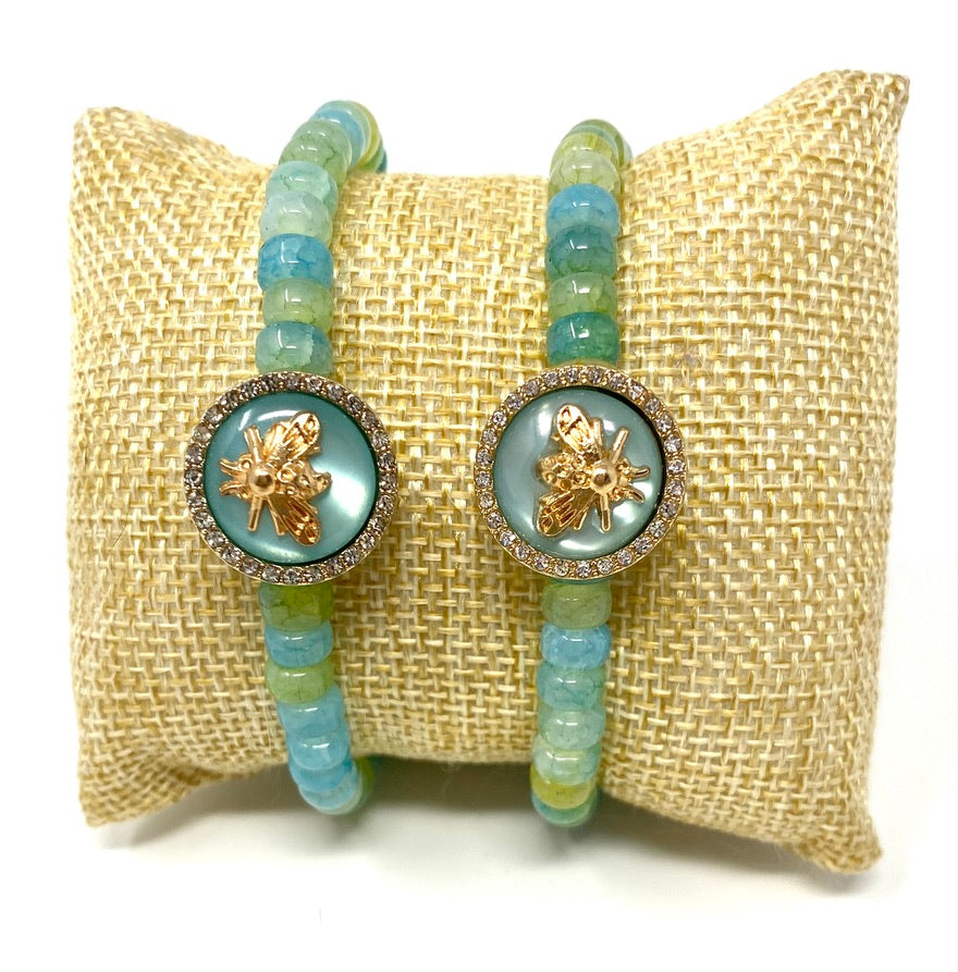 Shades of Blue and Green Flourite Elastic Beaded Bracelet With Bee Button