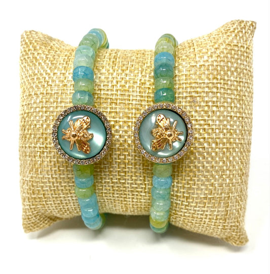 Shades of Blue and Green Flourite Elastic Beaded Bracelet With Bee Button