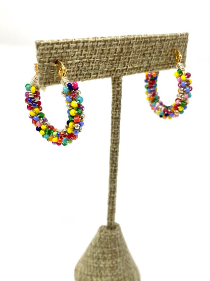 Multicolor Seed Bead Wire Wrapped Hoop Earrings