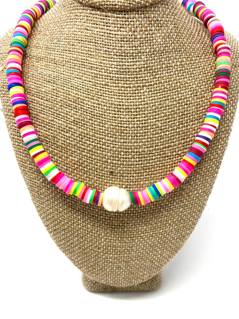 Bright Multicolor Rubber Disc Necklace With Freshwater Pearl