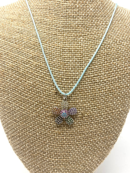Tiffany Blue Nylon Cord Necklace With CZ Flower Pendant