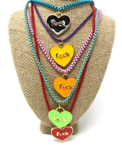 Enamel "f*ck" Heart Pendant on Enamel Box Chain Necklace