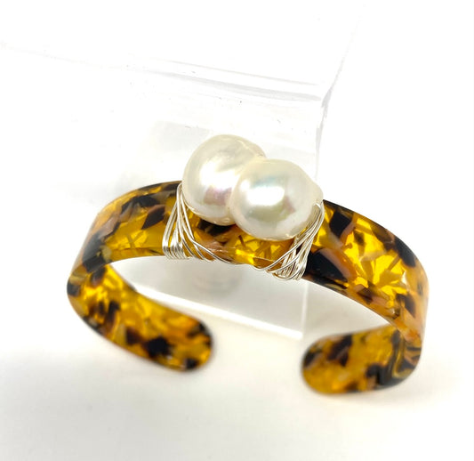 Tortoise Acrylic Bangle With Fresh Water Baroque Pearl Wire Wrapped With Sterling Silver Wire