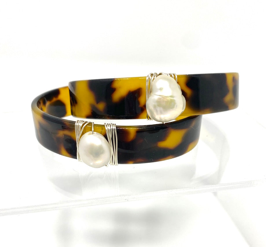 Tortoise Acrylic Bangle With Fresh Water Pearl Wire Wrapped With Sterling Silver Wire