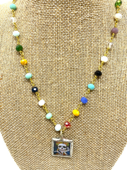 Multi Colored Rosary Style Necklace With Sugar Skull Pendant