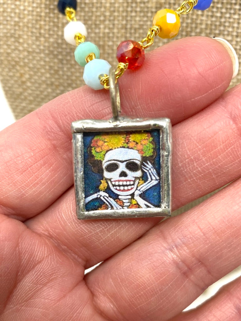 Multi Colored Rosary Style Necklace With Sugar Skull Pendant