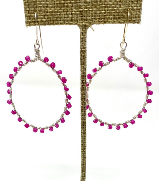 Hot Pink Seed Bead Wire Wrapped Sterling Silver Hoop Earrings