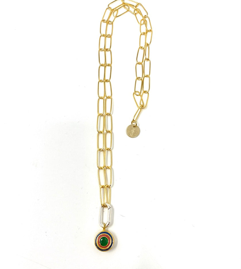 Gold Filled Medium Paper Clip Chain With Emerald and Enamel Pendant