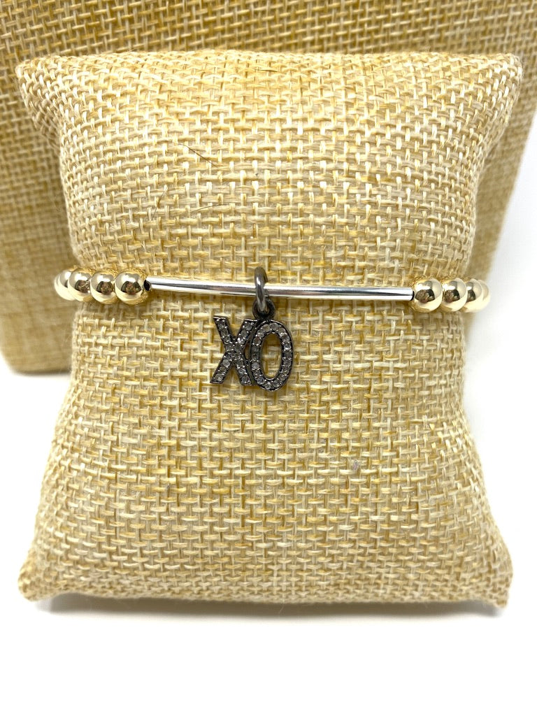 5mm Gold Filled Elastic Bracelet With Silver Bar and Diamond "XO" Charm