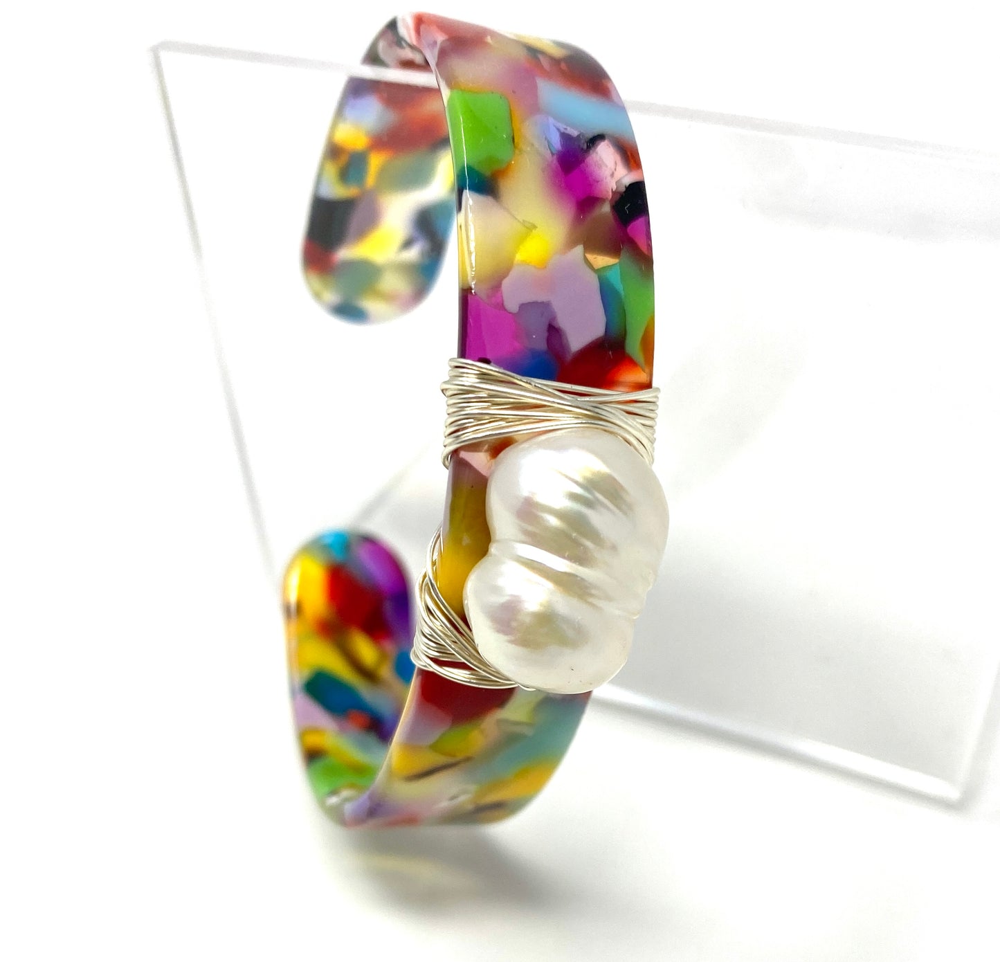 Multi Color Acrylic Bangle With Fresh Water Baroque Pearl Wire Wrapped in Sterling Silver Wire