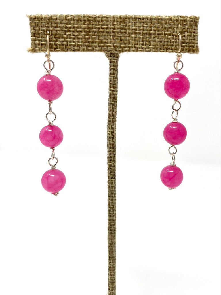 Hot Pink Triple Bead Drop Earrings on Sterling Silver Earring Wire