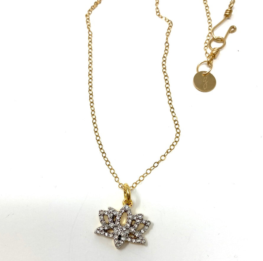 Crystal Lotus Flower on Gold Filled Necklace