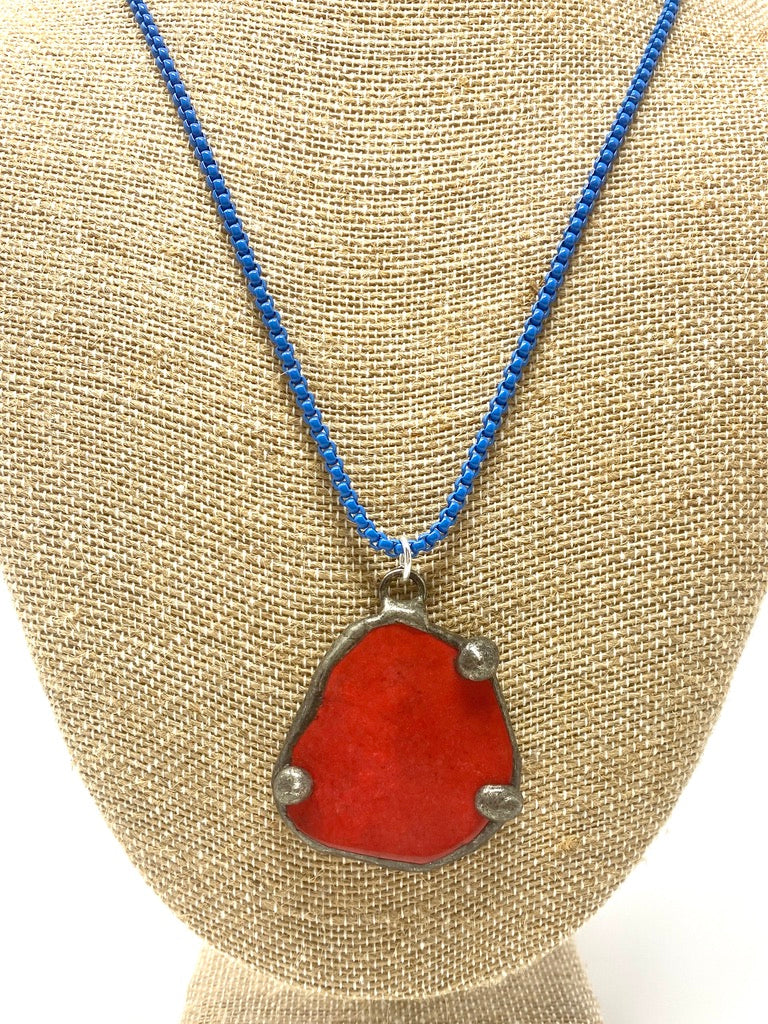 Blue Enamel Box Chain Necklace With Red Soldered Stone Pendant