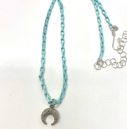 Robin's Egg Shell Blue Enamel Necklace With Diamond Crescent Pendant