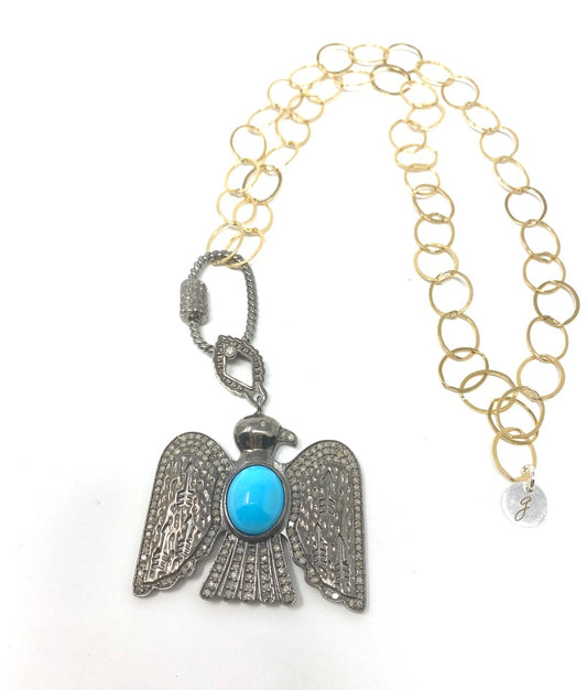 Gold Filled Chain Necklace With Diamond and Turquoise Eagle Pendant