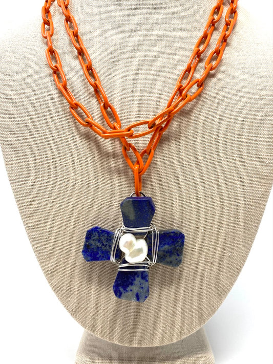 Double Orange Enamel Paper Clip Chain Necklace With Four Stone Lapis and Pearl Pendant