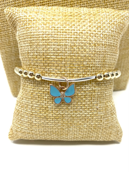 5mm Gold Filled Elastic Bracelet With Silver Bar and Blue Enamel Butterfly With Diamond Accent