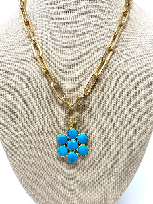 Matte Gold Paper Clip Chain Necklace With CZ Carabiner Clasp With Turquoise Flower Pendant