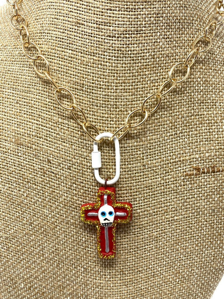 Gold Filled Chain Necklace With White Carabiner and Handmade Clay Red Cross With Sugar Skull Pendant
