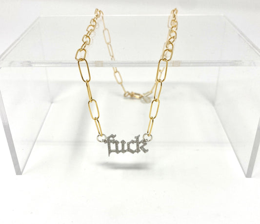 F**k Sterling Silver CZ Pendant on Gold Filled Chain