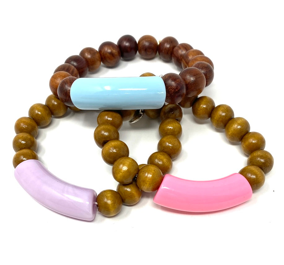 Wooden Beaded Elastic Bracelet With Colorful Acrylic Tubes