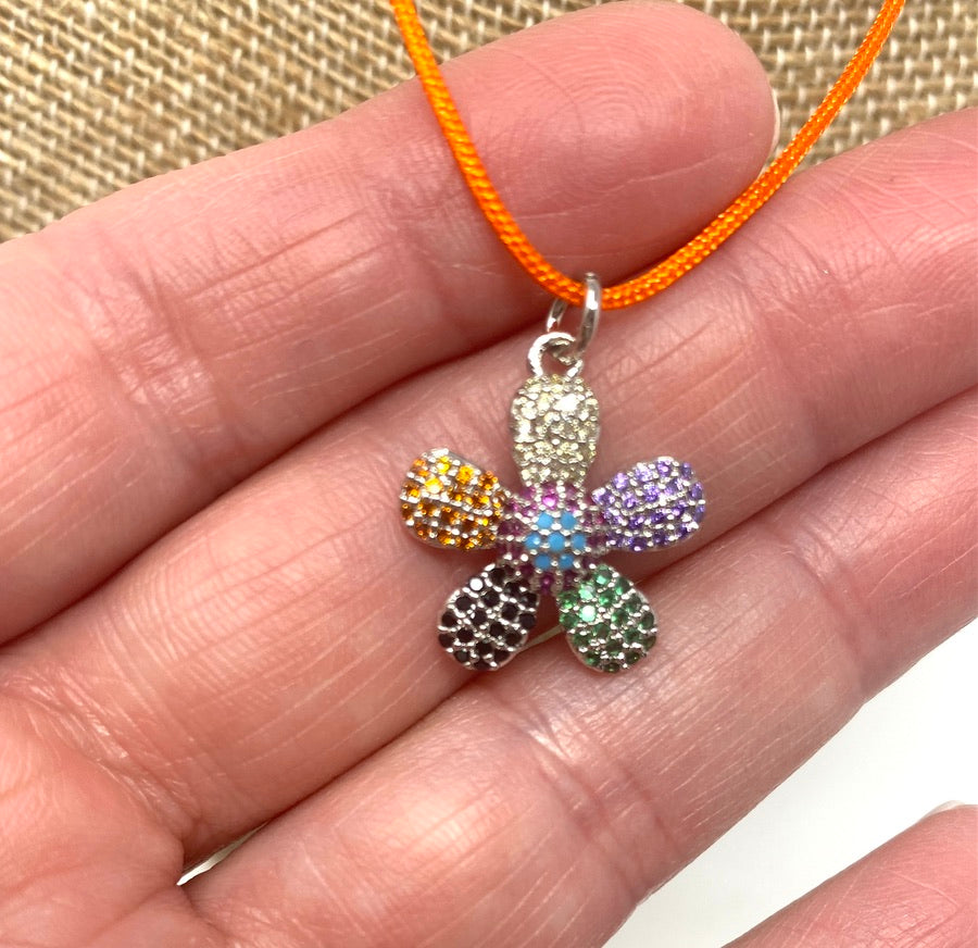 Orange Nylon Cord Necklace With CZ Flower Pendant