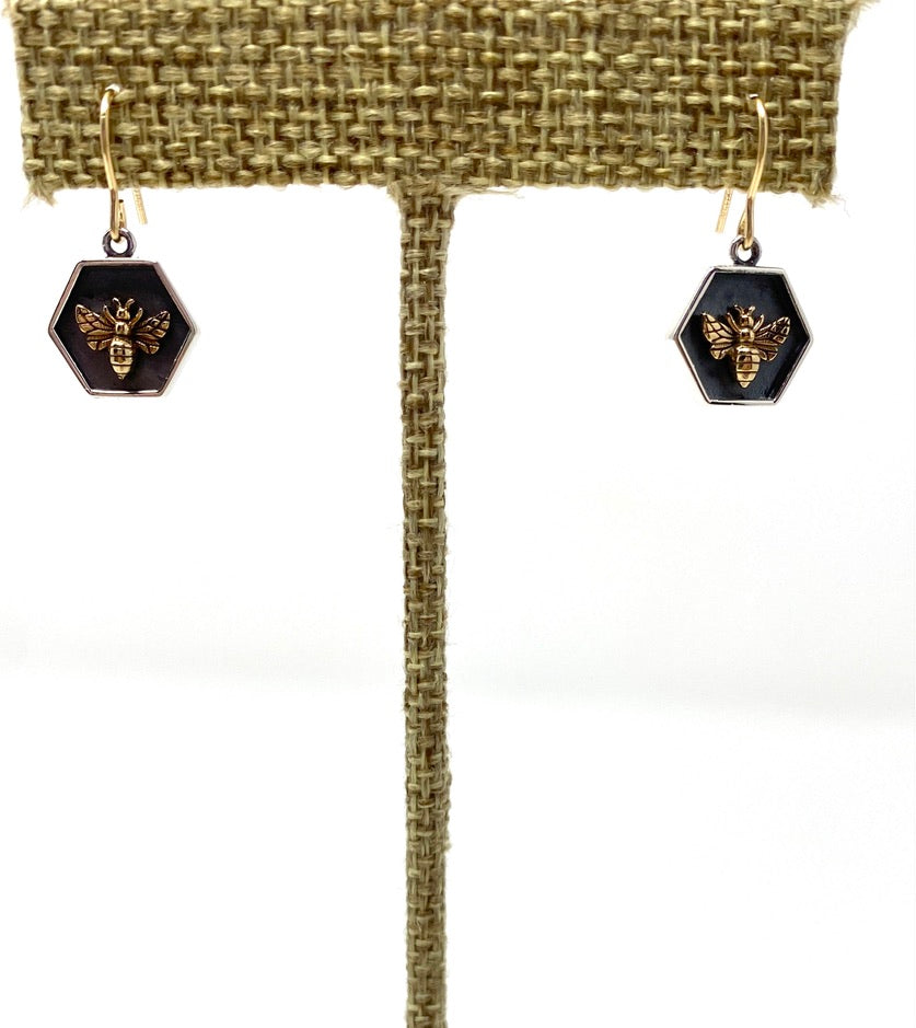 Hexagonal Silver and Gold Bee Earrings on Gold Filled Earring Wire